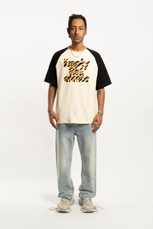 Tiger Flocked Graphic Letter Print Raglan Tees Short Sleeve Crewneck T Shirts Streetwear Tshirts Tops