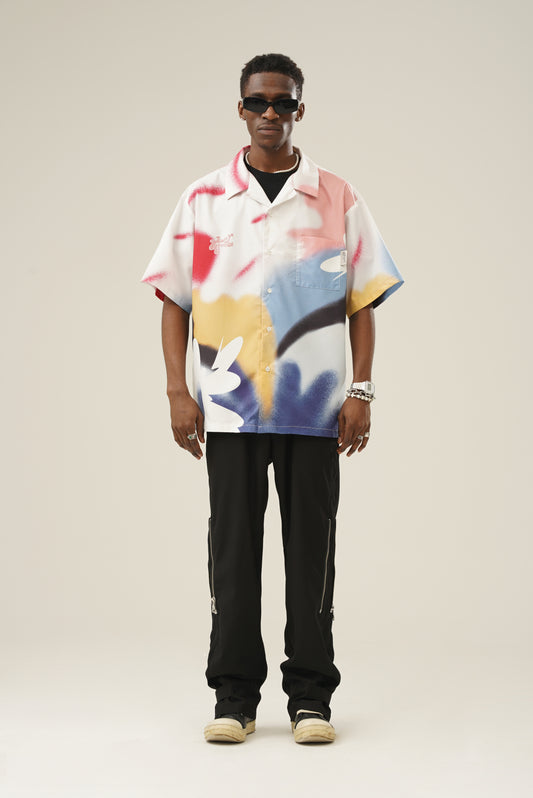 Abstract Morphed Rendering Flowers Graphic Print Short Sleeve Button Down Shirts Summer Streetwear Hawaiian Tropical Beach Shirts Tops