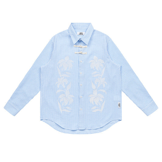 EMPTY REFERENCE Blue seersucker check shirt with floral print and Chinese button