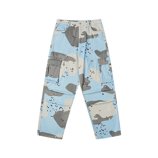 EMPTY REFERENCE Blue camouflage cargo pants with multiple pockets unisex