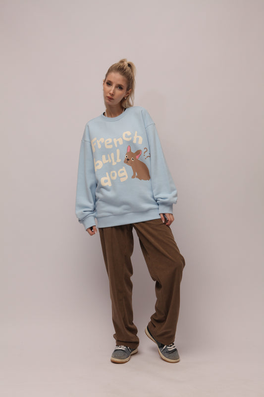 Confused French Bulldog Graphic Letter Print Sweatshirts for Women Men Oversized Streetwear Hoodies Blue